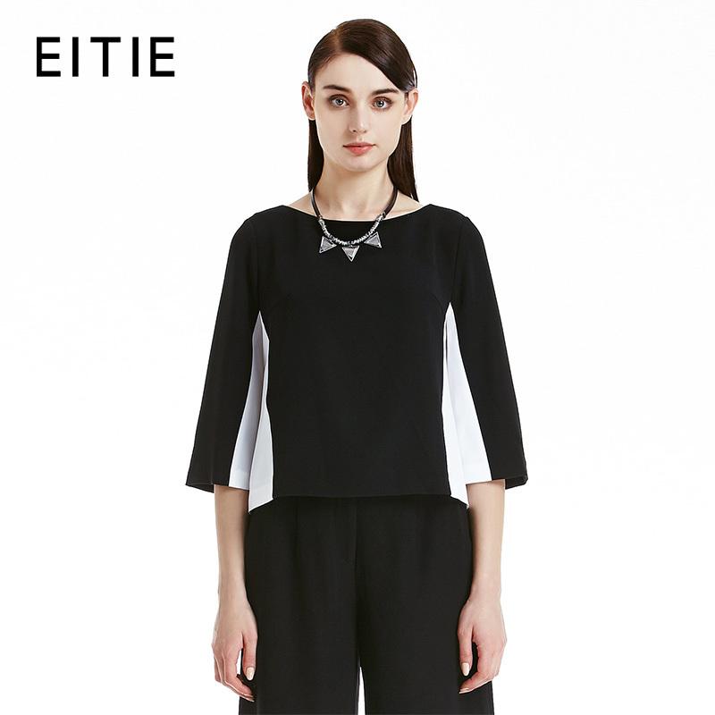 EITIE爱特爱商场同款秋季新款黑白拼接七分袖T恤宽松上衣女