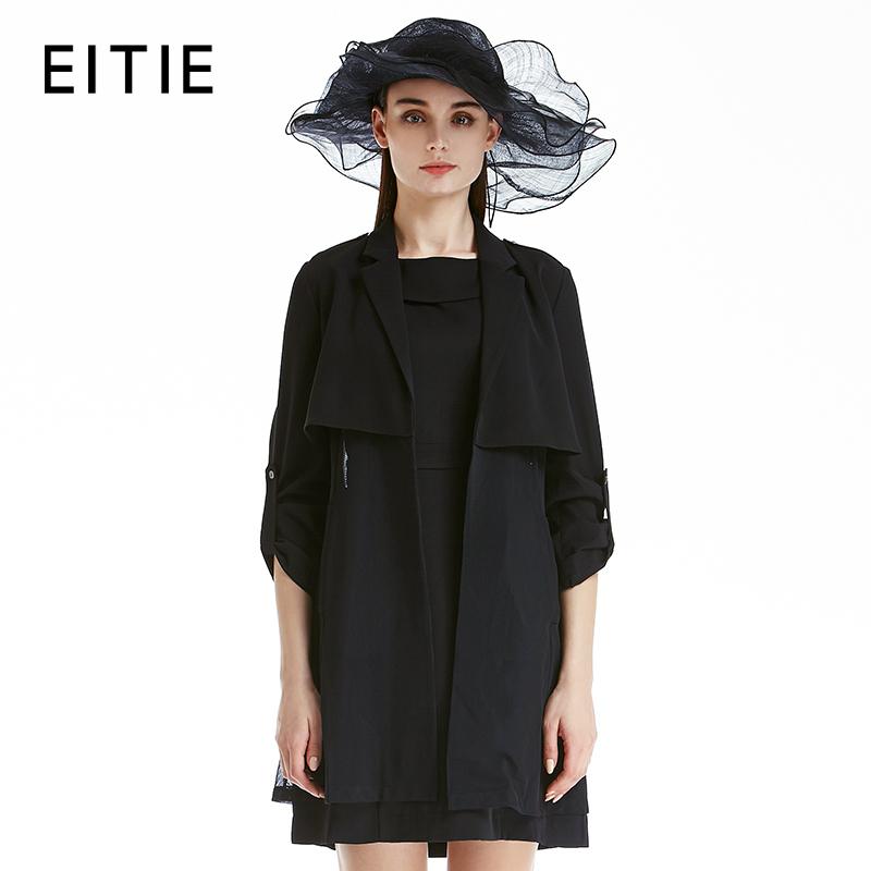 EITIE爱特爱商场同款秋季新款网纱拼接风衣中长款外套女上衣
