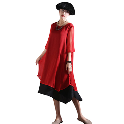 絮笈纯色圆领七分袖压绉假两件双层连衣裙