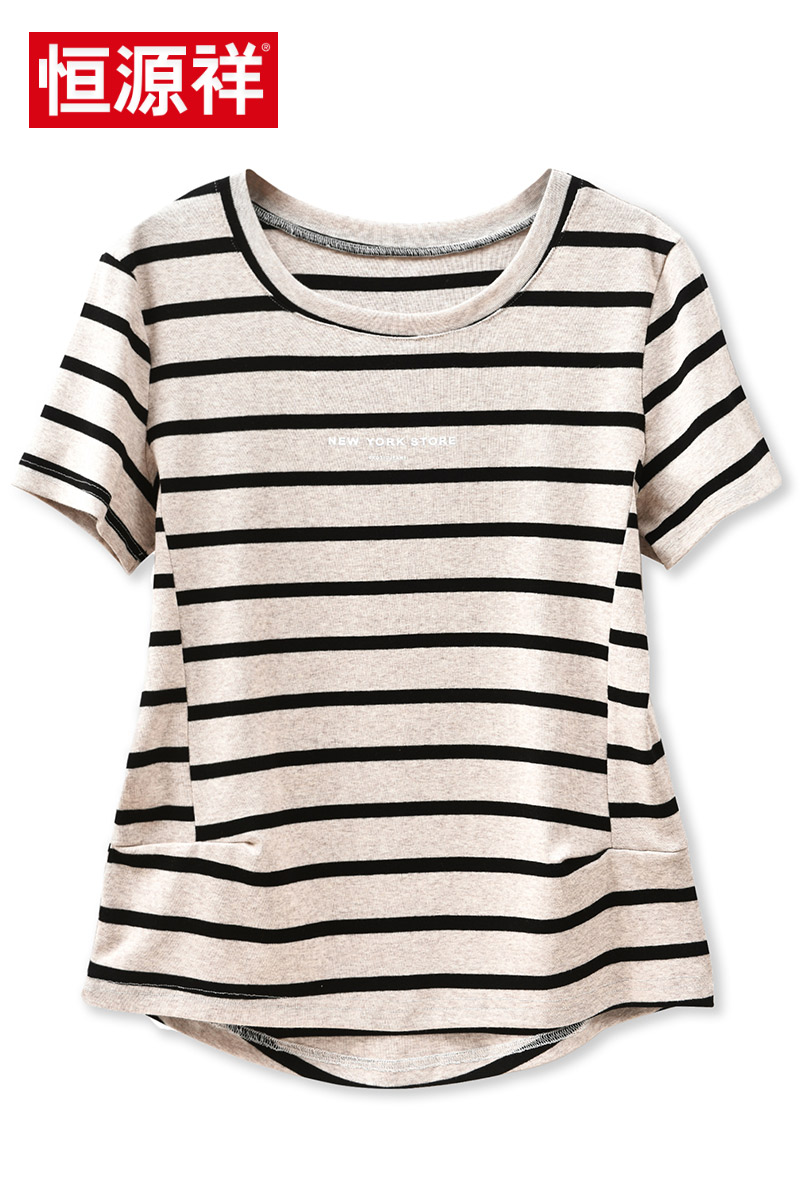 恒源祥条纹短袖T恤女宽松薄款夏季休闲半袖体恤大码圆领上衣2018