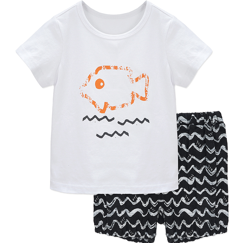 婴姿坊夏季新品男童宝宝短袖T恤短裤舒适透气黑白两件套装