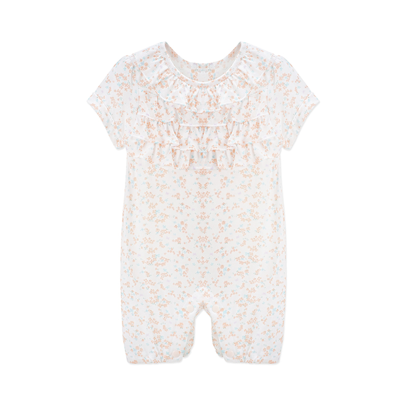 婴姿坊夏季新品女童爬爬服休闲家居服小碎花褶边0-3岁宝宝连体衣