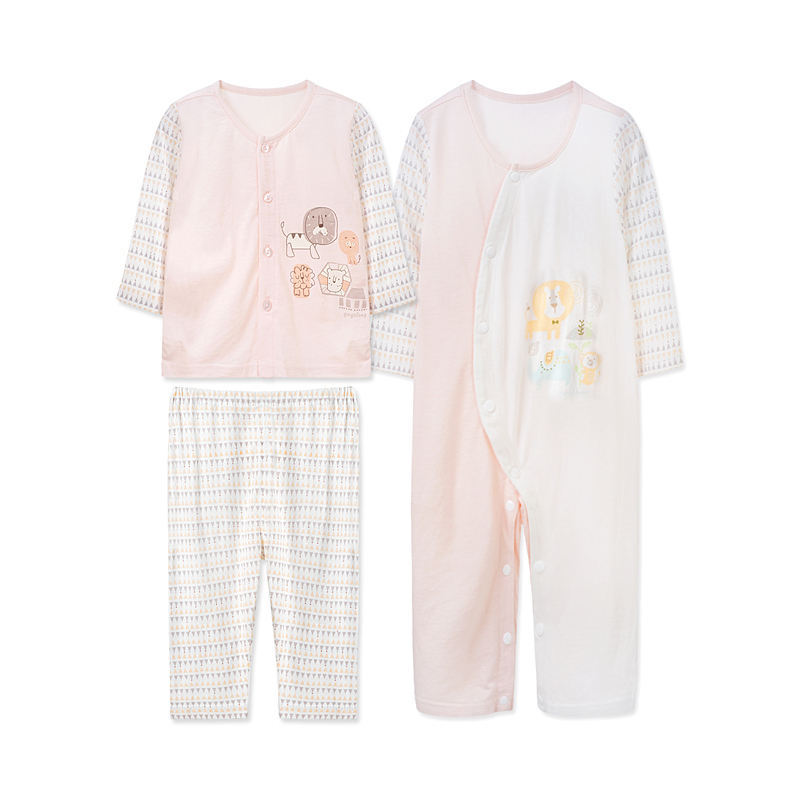 男女幼童夏季新品前开扣套装 单排扣连体衣三件套组合装 粉橙 59cm