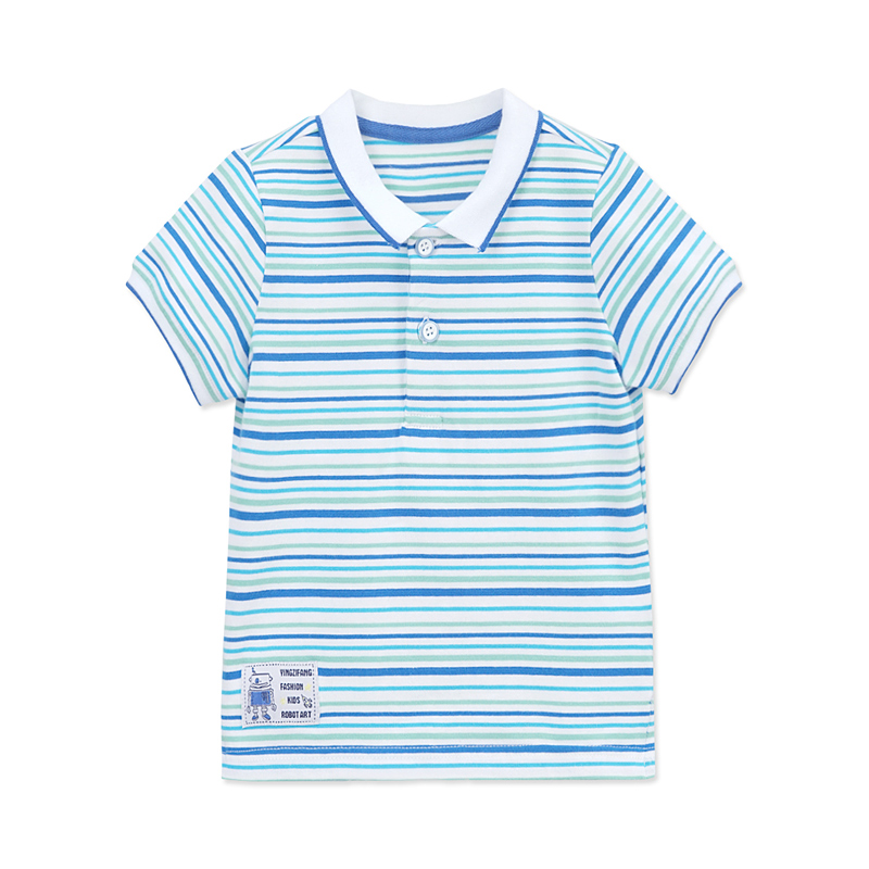 男童夏季翻领横条纹单排扣修身英伦风上衣T恤1-5岁73-120码