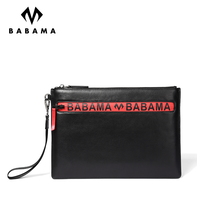 BABAMA手拿包男新款时尚潮流手拿包撞色绑带信封包牛皮手抓包男士手包 黑色917034101
