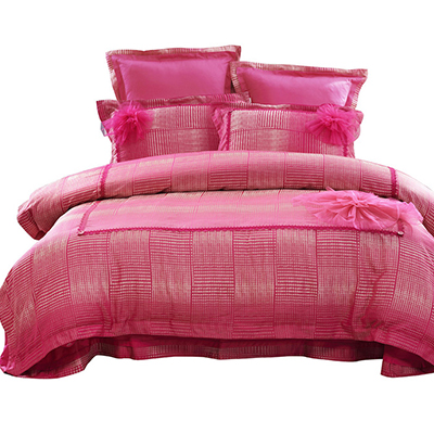 水星家纺婚庆六件套简约提花粉色1.8米床单被套床上用品爱唯一