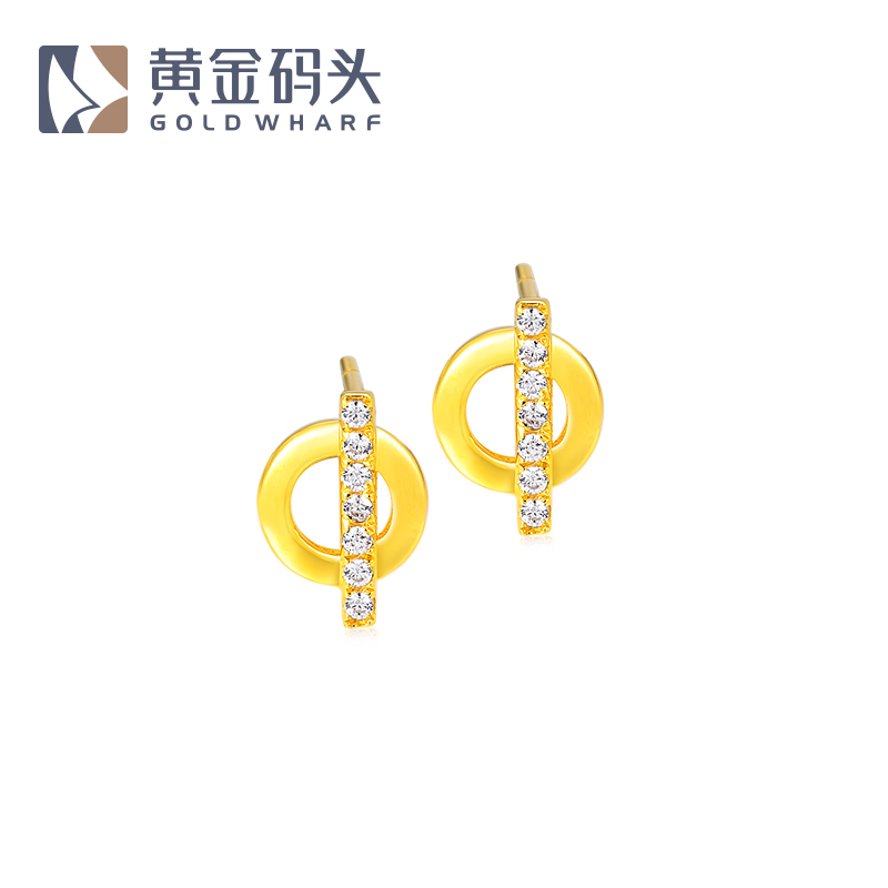 黄金码头 18K金耳钉时尚圆形镶人工锆石个性AU750耳饰
