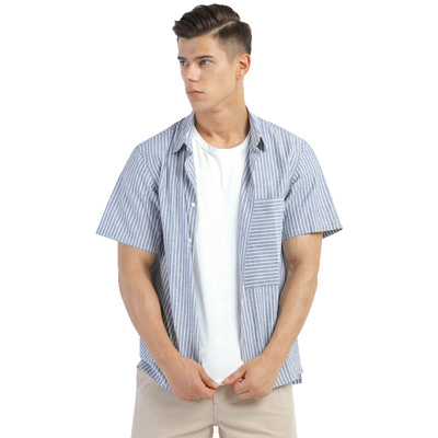 IZOD2018夏季新款男士短袖条纹衬衫棉麻轻薄男士衬衫短袖商务休闲男衬衣