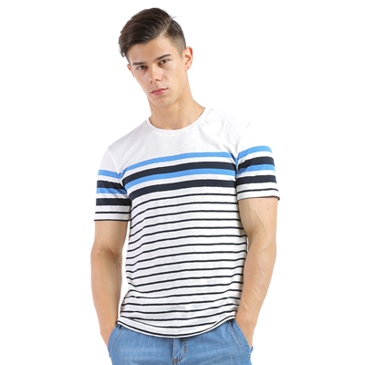 IZOD男士条纹T恤短袖2018夏季男装竹节棉体恤休闲修身圆领潮流半袖薄T恤男