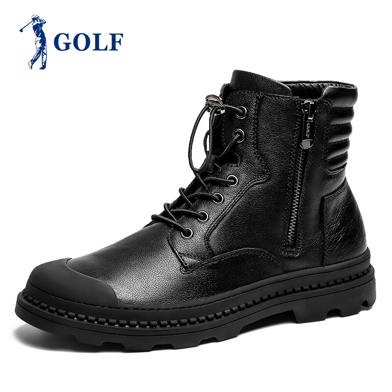 GOLF/高尔夫男靴新品拉链套筒真皮时尚户外高帮靴子男雪地棉鞋