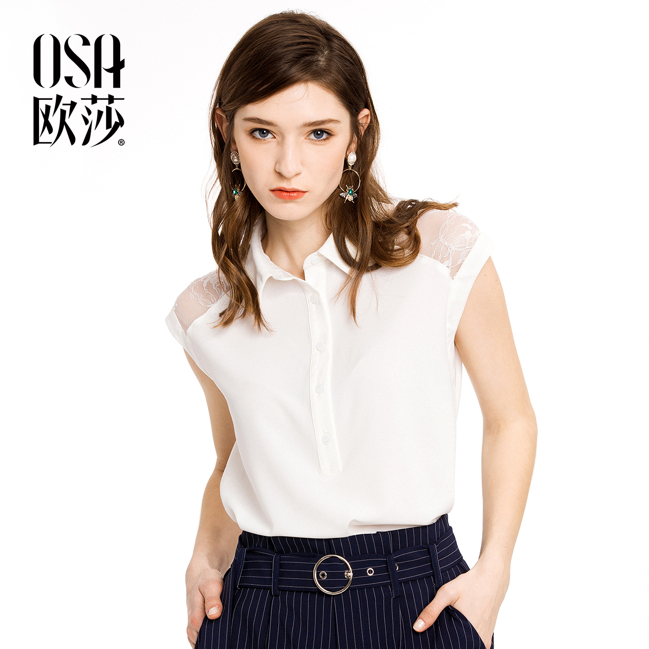 OSA欧莎2018夏装新款女装 干练通勤拼接蕾丝插肩袖衬衫B12008