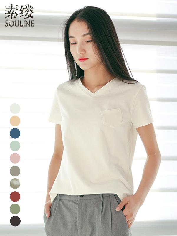 素缕夏装2018新款女文艺宽松V领白色短袖t恤女打底上衣SI6220喨