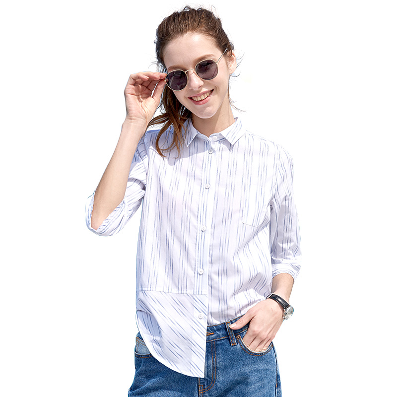 杰米克（JenMick）2018新款春夏女士衬衫下摆拼接七分袖休闲简约