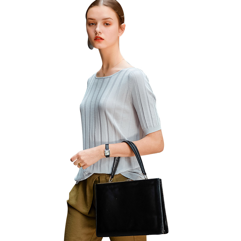 杰米克（JenMick）2018新款春夏女士针织T恤圆领坑条基本款简约