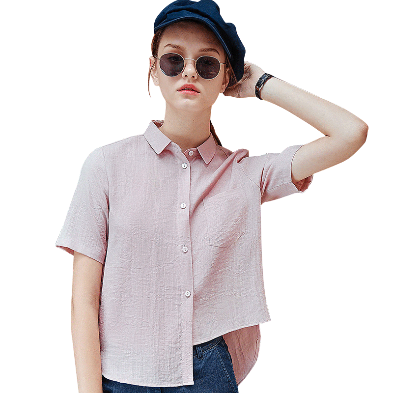 杰米克2018新款春夏女士短袖衬衫纯色不对称百搭时尚简约