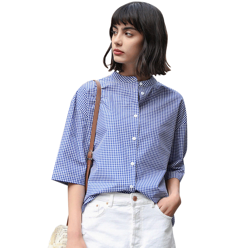 杰米克2018新款春夏女款短袖纯棉衬衫清新格子立领通勤简约时尚百搭