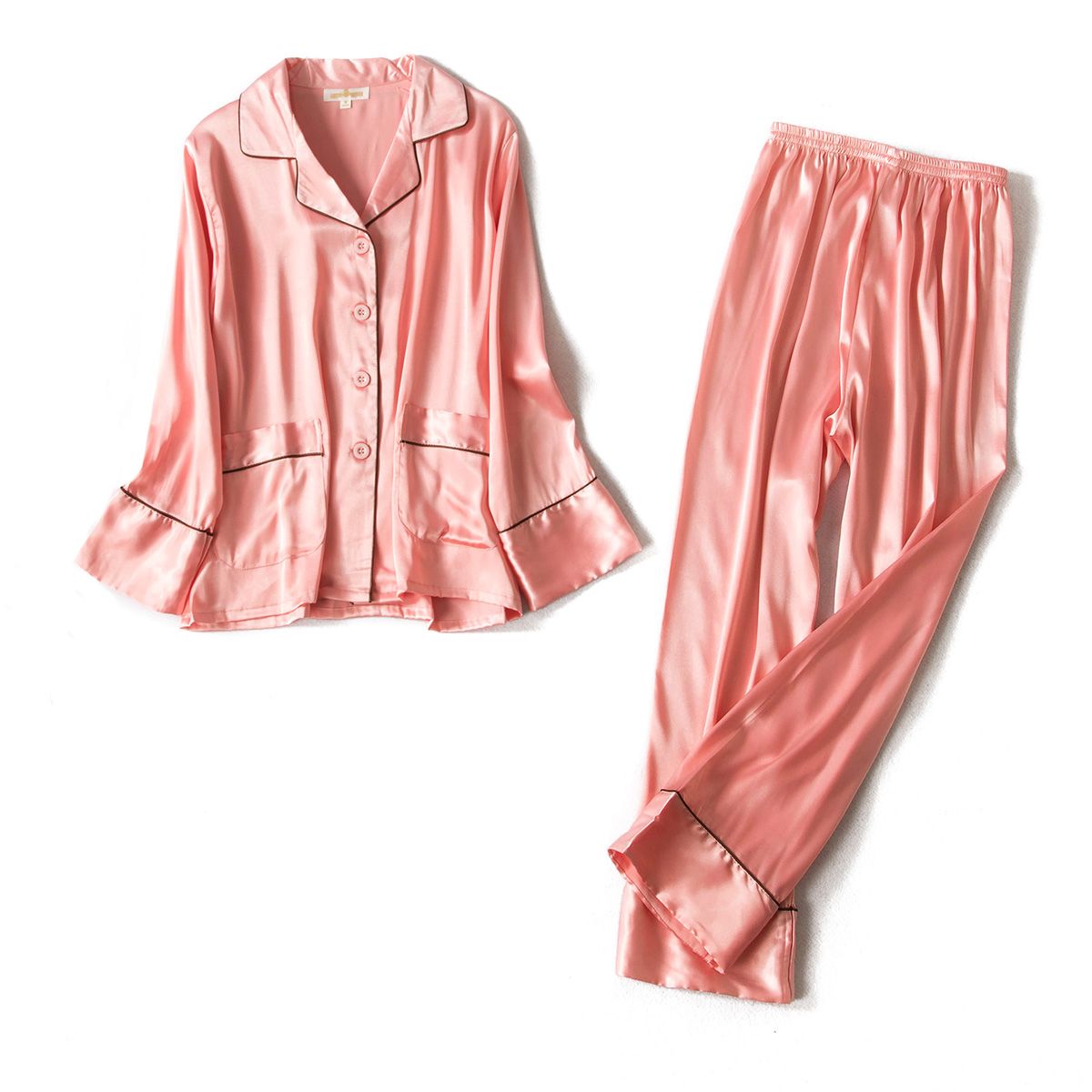 LOUIS ROYER春夏新款仿 真丝睡衣纯色基础长袖翻领开衫女士家居服两件套套装