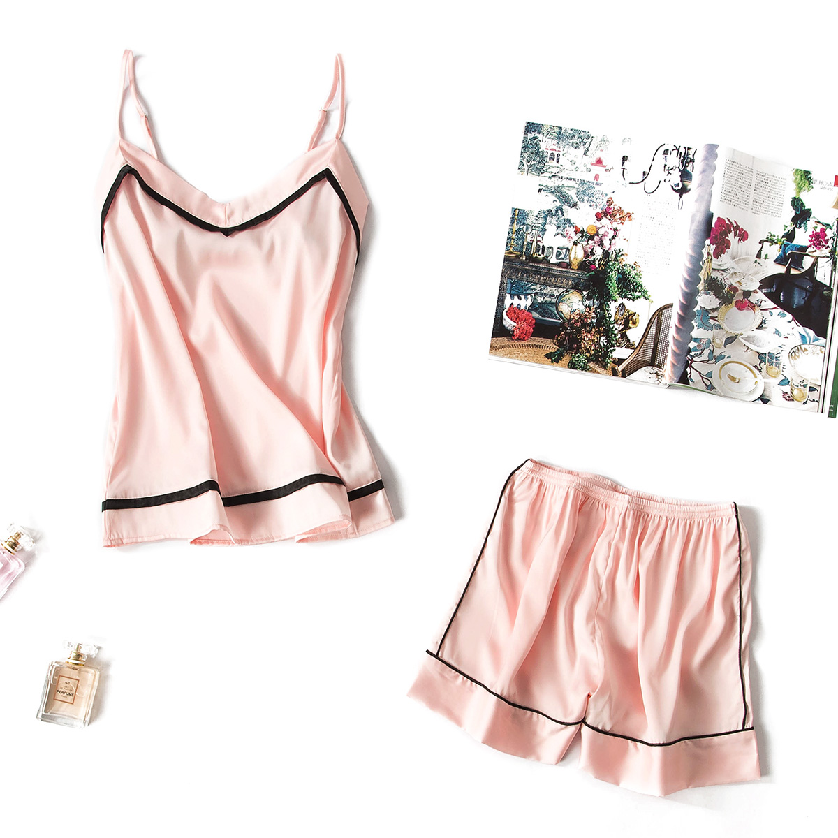 LOUIS ROYER利蜂 小清新镶边V领修身吊带短裤套装睡衣大码薄款丝绸家居服