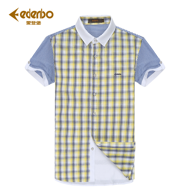 Edenbo/爱登堡2017夏新款短袖衬衫男士拼接格子双丝光棉半袖衬衣