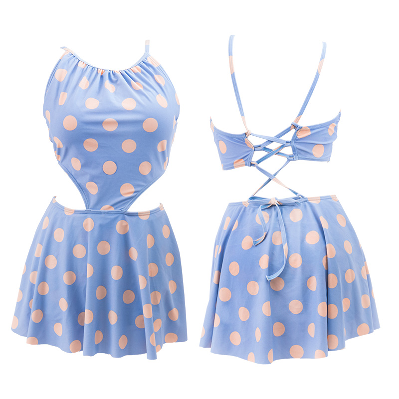 OOK趣味波点性感绑带美背小心机裙式连体泳衣