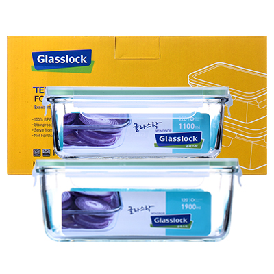 Glasslock韩国进口钢化玻璃保鲜盒两件套1900ml+1100ml加厚耐摔密封防漏冰箱收纳盒微波炉用长方形便当饭盒