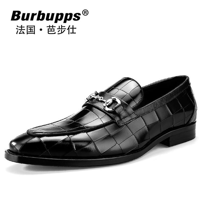 法国芭步仕（Burbupps）2019春尚新英伦休闲皮鞋男裂纹真皮商务亮皮鞋套脚金属扣一脚蹬潮流男鞋