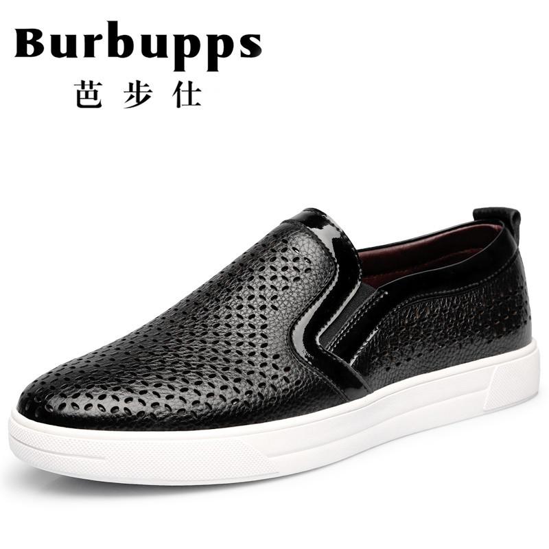 Burbupps/法国芭步仕男鞋一脚蹬懒人乐福鞋男真皮白色镂空透气休闲皮鞋男