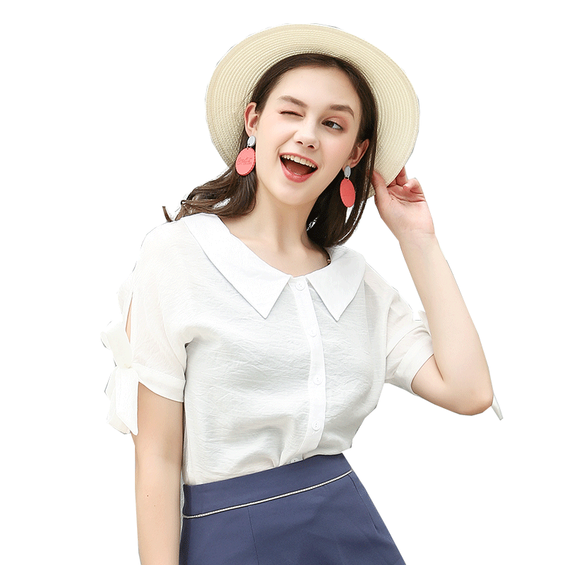 依尚街区ins超火上衣女夏2018新款时尚甜美淑女百搭圆系带领短袖白色衬衫