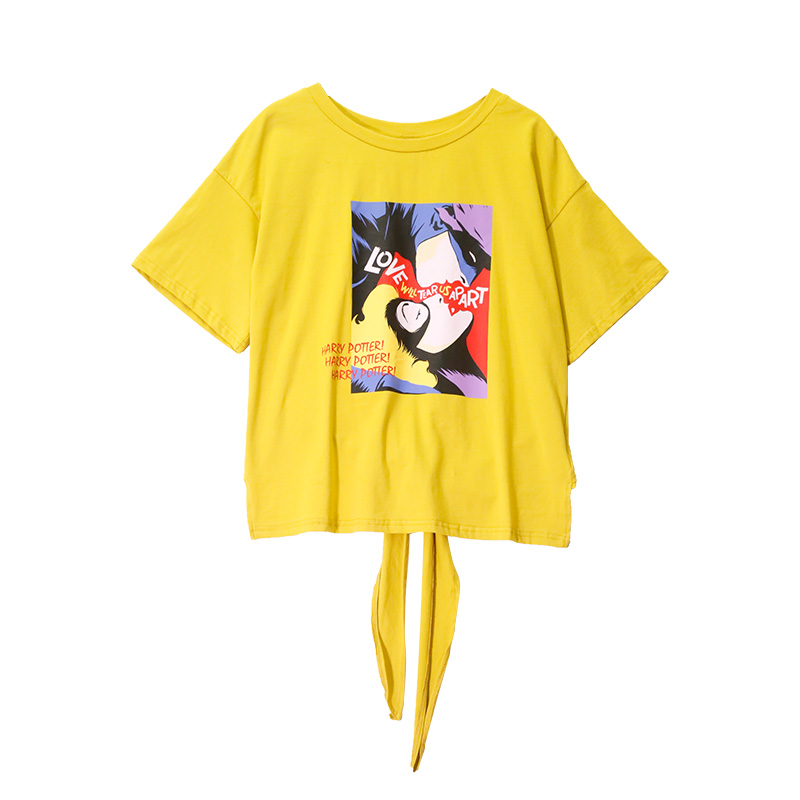 T恤衫女2018夏季新款女装短袖体恤时尚印花人物头像露背系带上衣