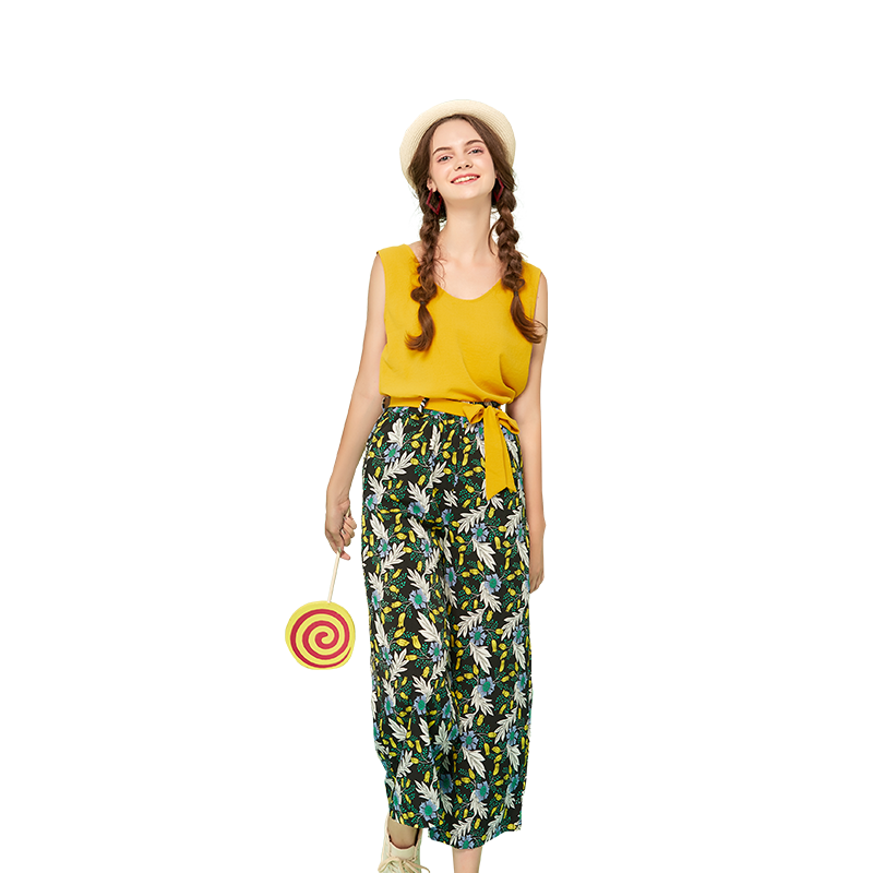 依尚街区夏2018新款女装无袖圆领上衣印花阔腿九分裤两件套套装女