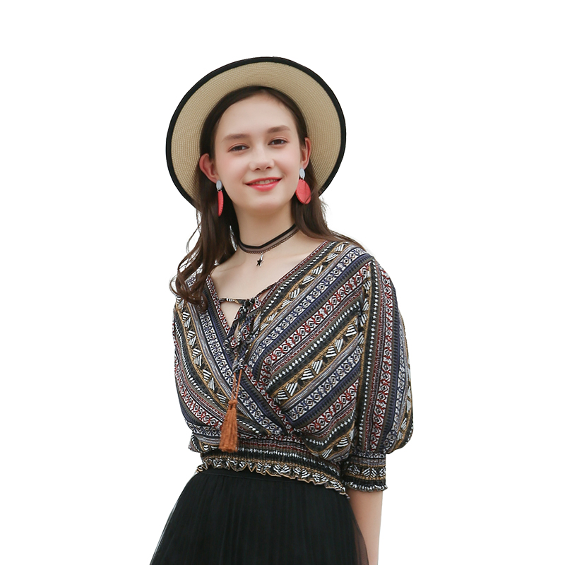 复古雪纺衬衫女夏2018新款时尚百搭收腰显瘦印花系带韩版修身上衣