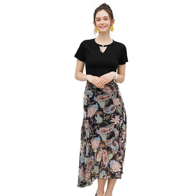 小清新两件套女夏2018新款时尚百搭圆领镂空短袖花色半身裙套装潮