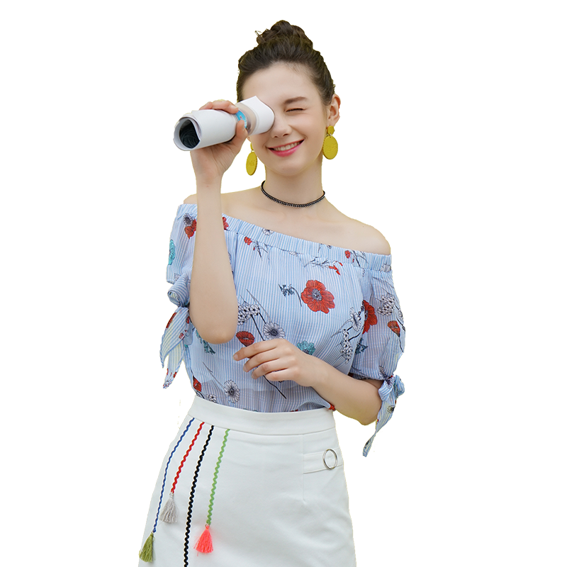 性感一字肩上衣女夏2018新款时尚百搭韩范气质优雅印花系带衬衫潮