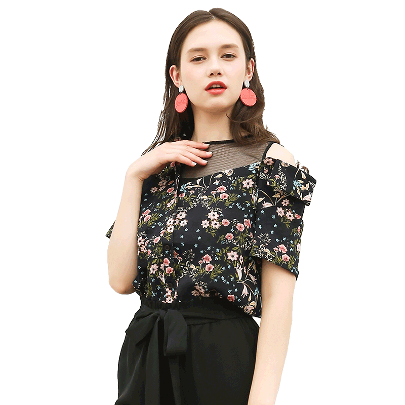 甜美小清新碎花纱网拼接上衣女夏2018新款时尚百搭露肩不规则衬衫