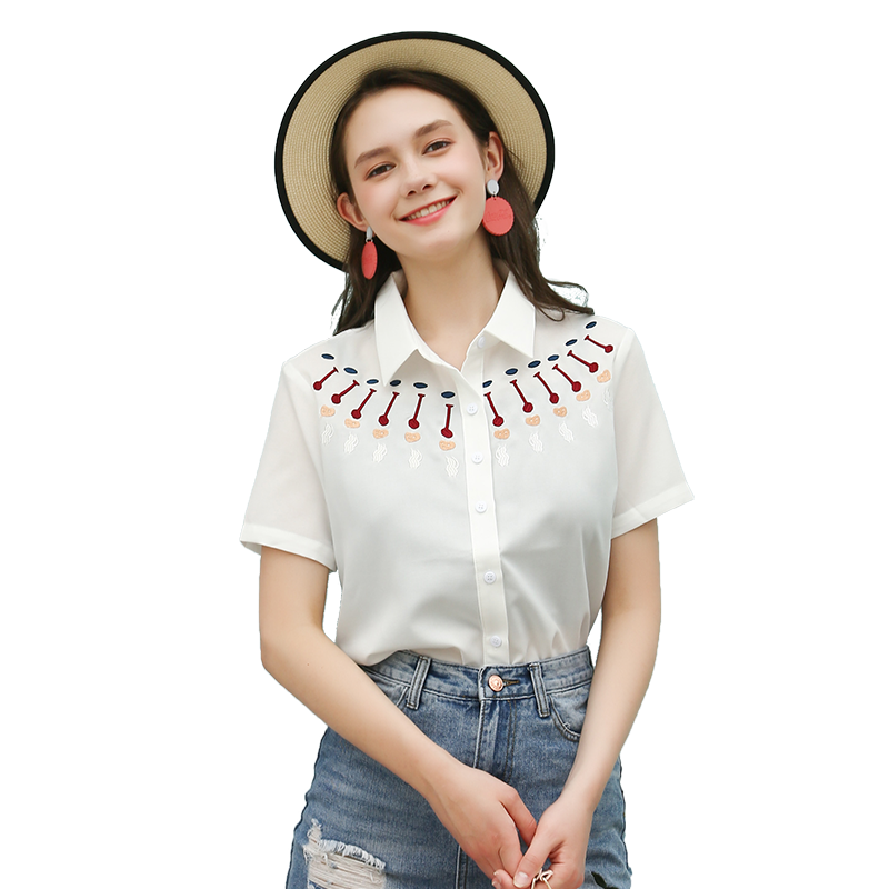 白色衬衫女夏2018新款时尚气质淑女单排扣印花修身显瘦百搭上衣潮