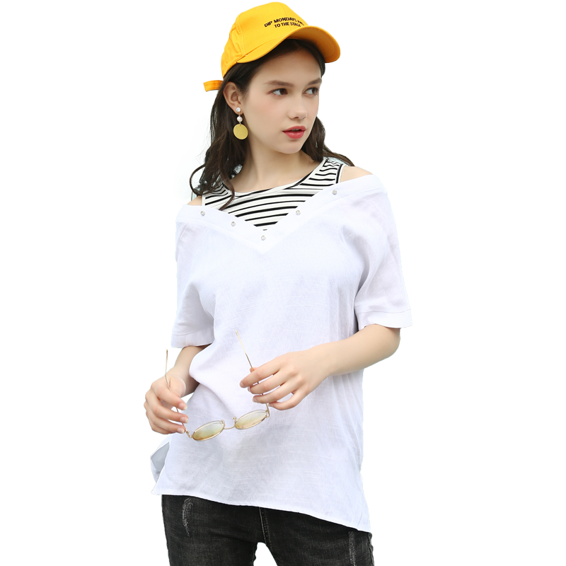 短袖T恤女2018夏季新款时尚百搭韩版宽松显瘦圆领钉珠拼接上衣潮