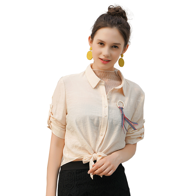 纯色上衣女夏2018新款欧美简约气质淑女单排扣系带bf原宿学生衬衫