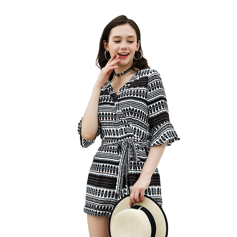 连衣裤女夏2018新款韩版收腰显瘦短裤荷叶袖V领条纹连体裤阔腿裤