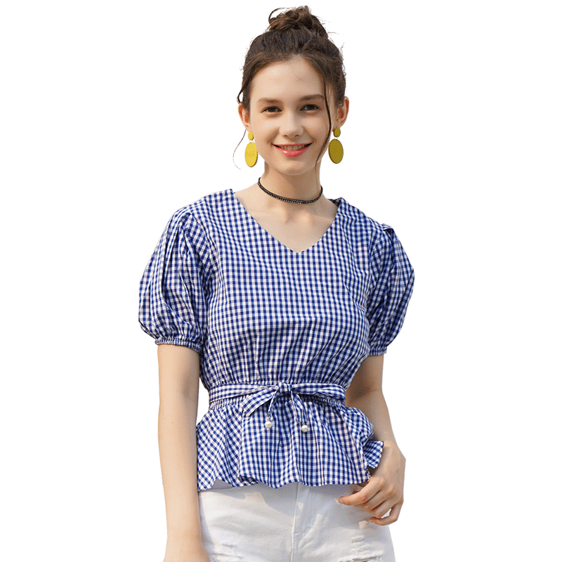 依尚街区纯棉短袖上衣女夏2018新款时尚甜美淑女百搭小格子收腰显瘦衬衫女