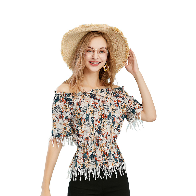 ins超火花色流苏衬衫女2018新款性感韩版一字肩露背短袖收腰上衣