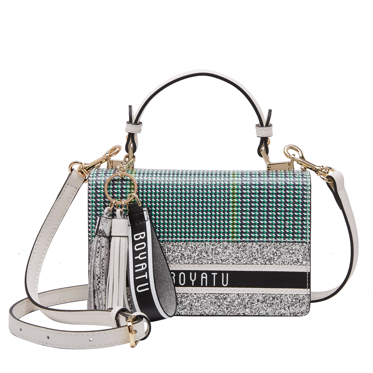 柏雅图优雅时尚格纹斜挎单肩包女真皮配pu手提包女小方包