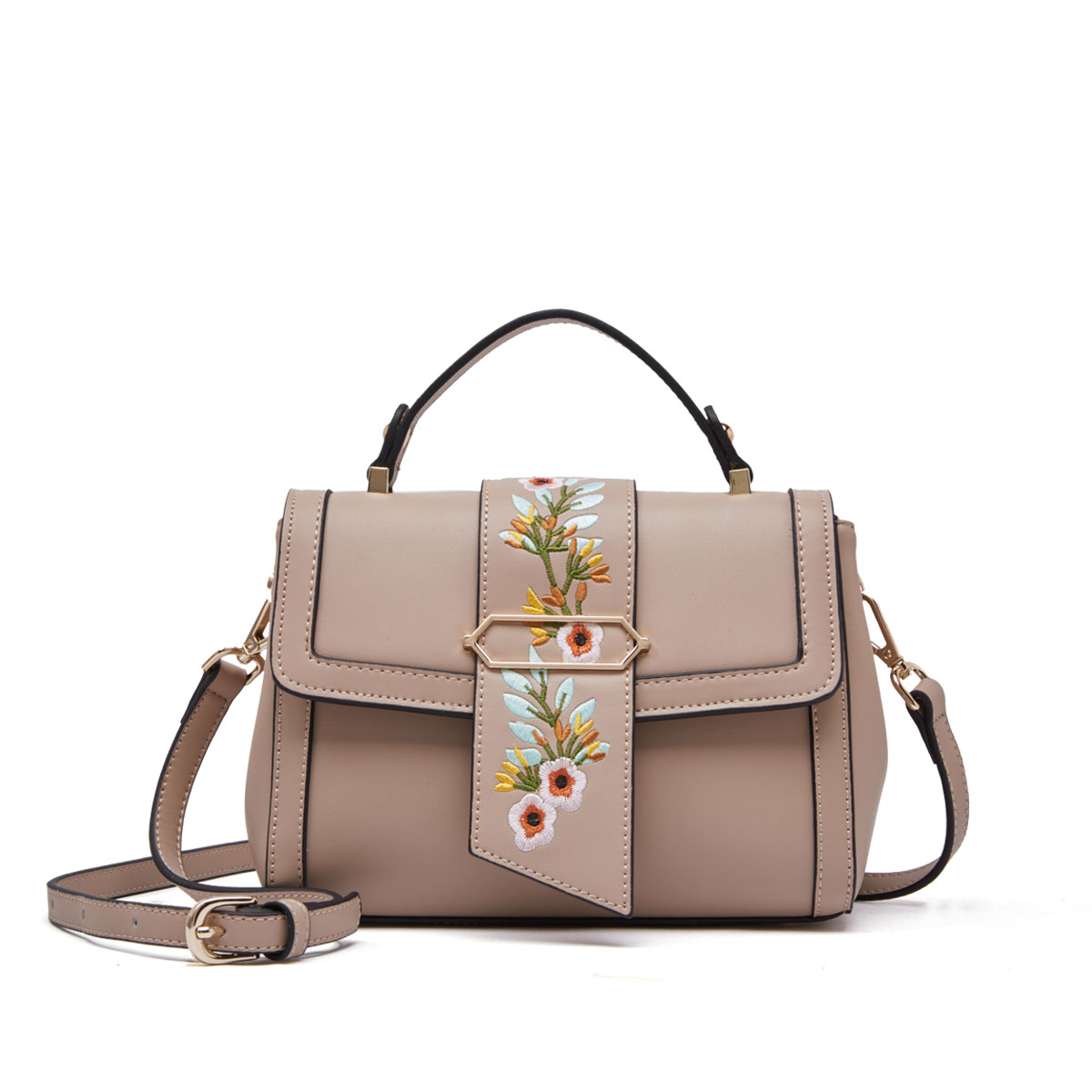 柏雅图牛皮单肩斜挎包女士小方包时尚绣花真皮手提包