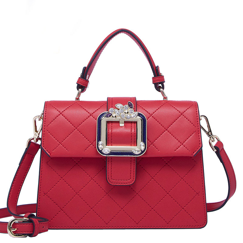 柏雅图真皮女包2018手提包时尚镶钻方扣凯莉包菱格单肩斜跨包