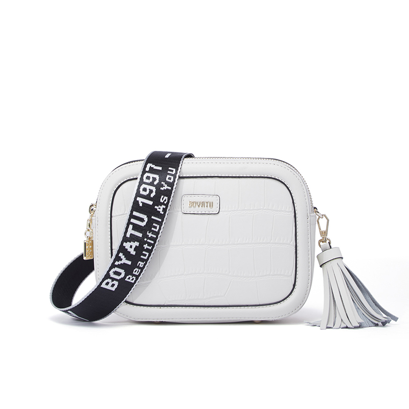 柏雅图鳄鱼纹小方包2018潮字母宽肩带牛皮单肩包斜跨包包女