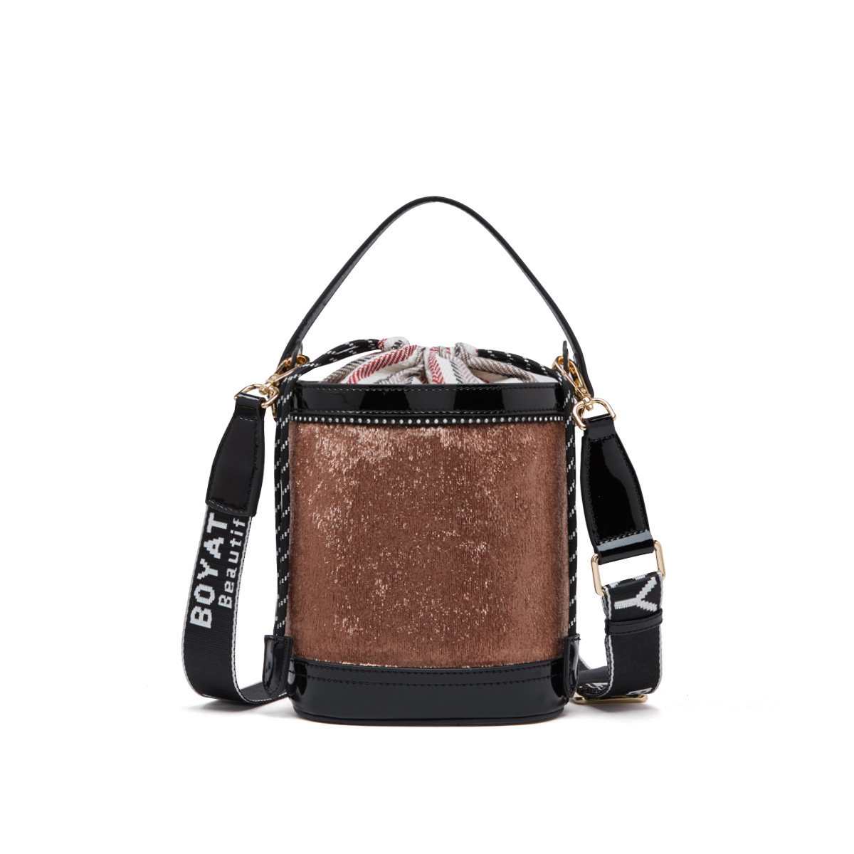 柏雅图复古拼接水桶包2018经典细钻装饰牛皮宽肩带单肩包斜跨包女包包