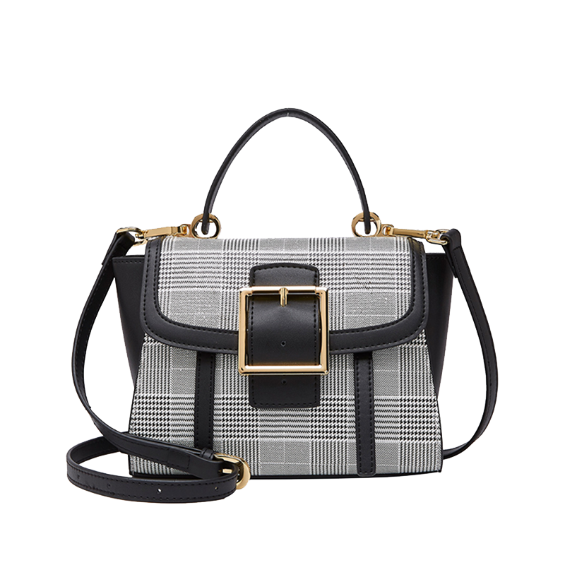 柏雅图真皮女包2018时尚拼接格子手提包牛皮简约休闲单肩斜挎包女