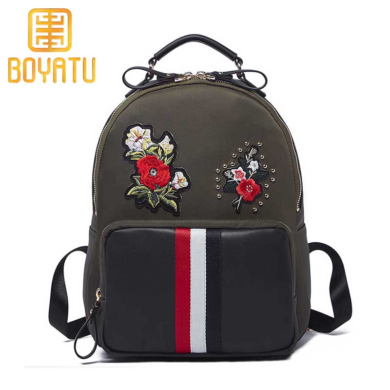 柏雅图(boyatu)双肩背包女2018复古时尚撞色包包女布配牛皮刺绣大容量