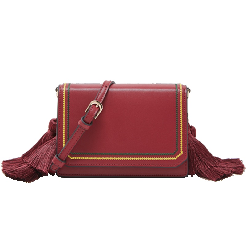 柏雅图(boyatu)牛皮流苏斜挎包女韩版百搭小方包包2019新款真皮单肩包