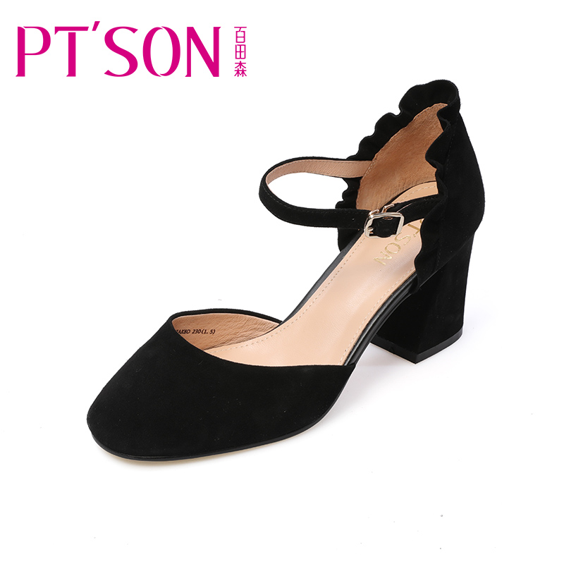 PTSON/百田森2018春季新款女鞋子磨砂中空单鞋一字扣高跟鞋女粗跟