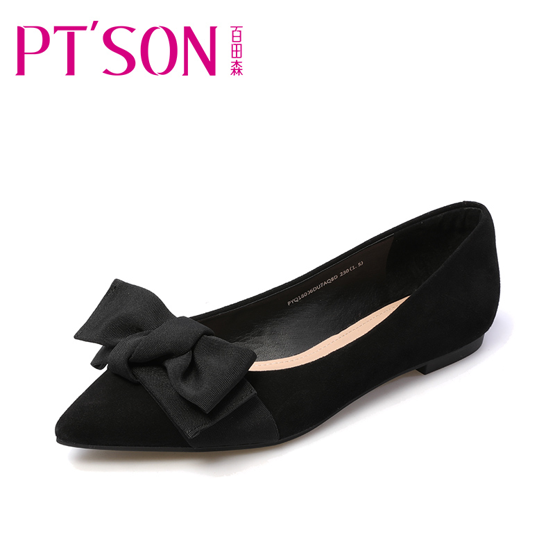 PTSON/百田森2018春季新款女鞋平底鞋蝴蝶结浅口单鞋女平跟尖头鞋
